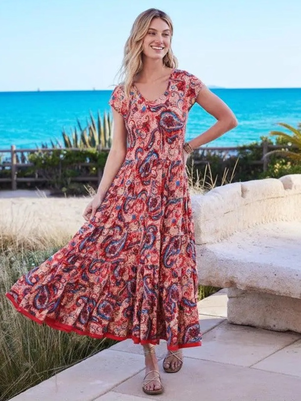 🌟NEW Soft Surroundings Paisley Boho Kara Tiered Maxi Dress Size XL